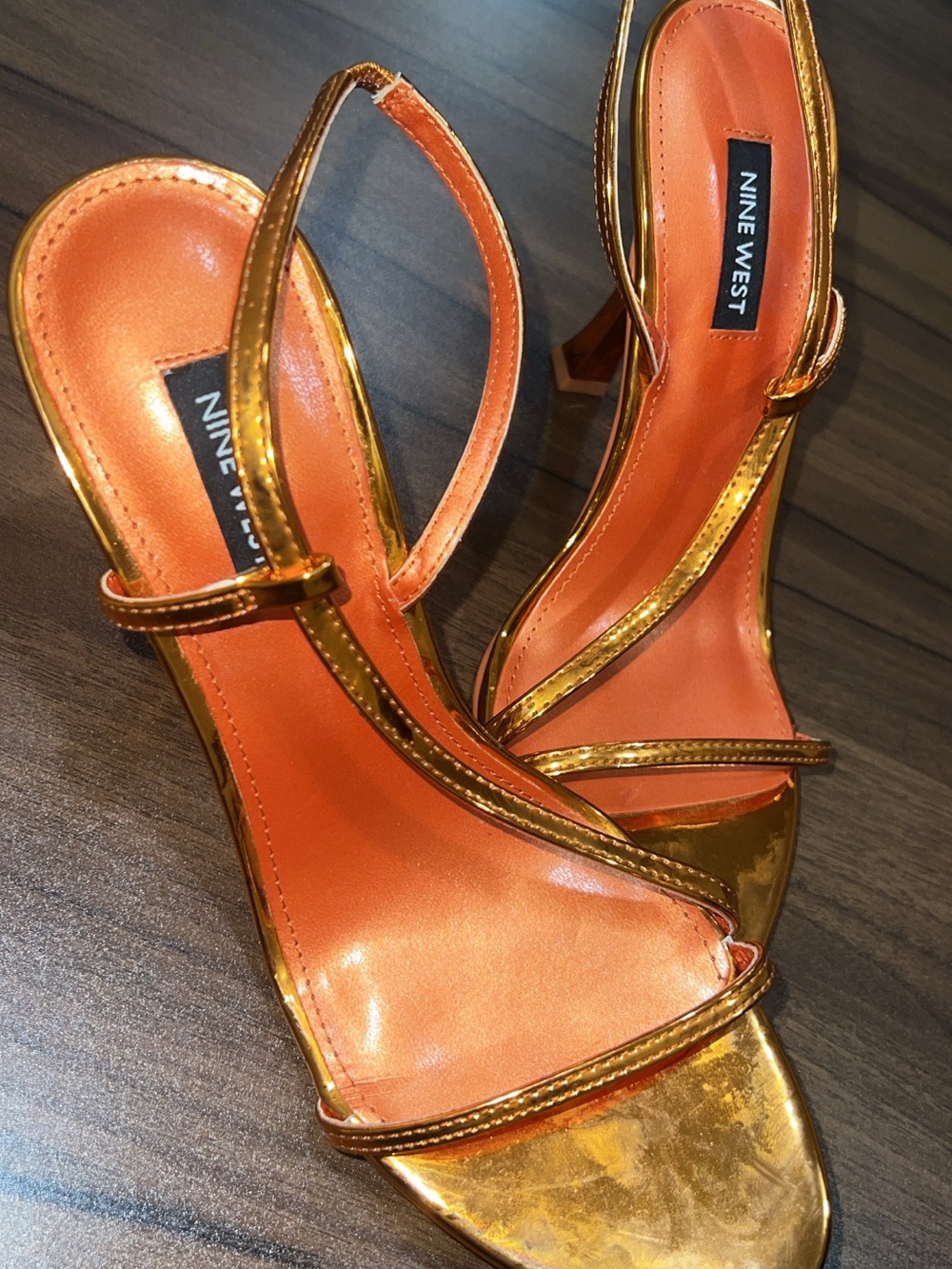 Nine West Gold Strappy Heeled Sandals with Orange Footbed